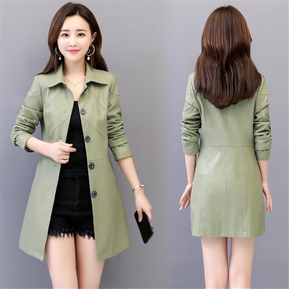 Wvapzxx Women's Spring Genuine Leather Jacket Long Leather